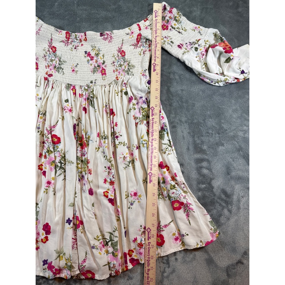 Torrid Floral Smocked Off Shoulder Bell Sleeve Mini Dress White Size 1 (XL) Boho - Picture 7 of 16